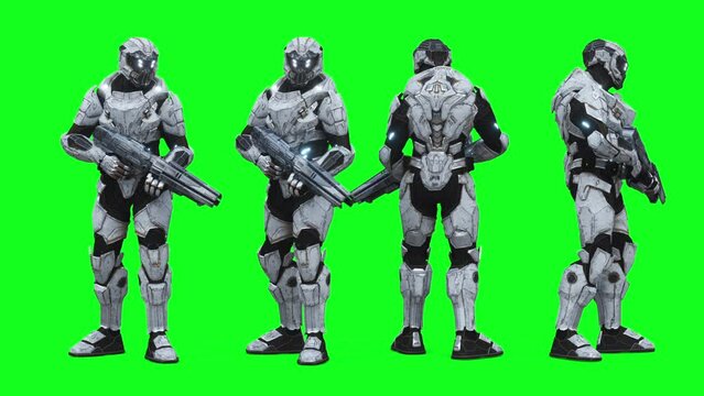 Military futuristic cyborg, robot. Realistic 4k green screen animation.