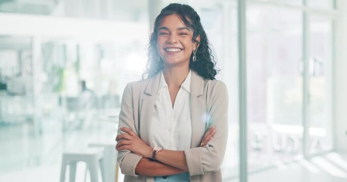 Face, smile and business woman with arms crossed in office, company and workplace for career. Portrait, employee and confident professional agent, consultant and female entrepreneur in Brazil for job