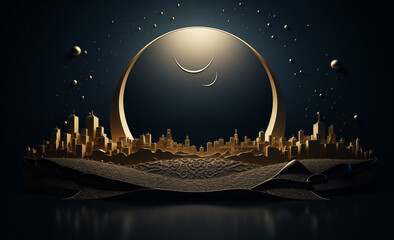 mosque, the moon in a circle on a black background for the holiday of Ramadan