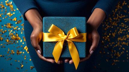 Black young woman holding a giftbox with a yellow bow on dark background with sequences of shiny confetti. - Powered by Adobe