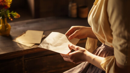 Woman holding an open letter in a warm vintage setting