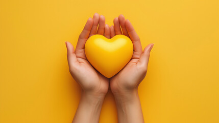 Female hands on a yellow background hold a yellow heart