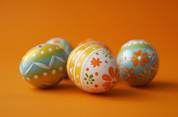 Fototapeta na wymiar Colorful Easter Eggs Adorned with Floral Patterns on a Vibrant Orange Background