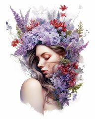Serene woman with a crown of spring flowers in a dreamy composition