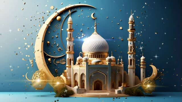 Islamic design concept with 3D style elements of the moon and mosque for Ramadan Karim or Eid greeting banners. Seamless looping 4K video animation background.