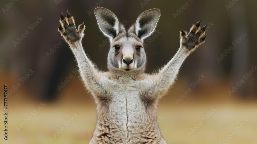 Canvas Prints a close up of a kangaroo with it's hands in the air and it's front paws in the air.