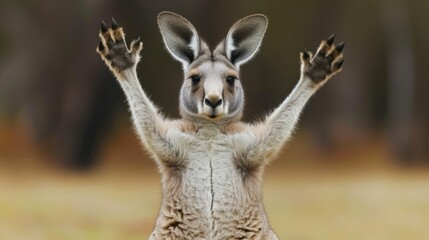 a close up of a kangaroo with it's hands in the air and it's front paws in the air.
