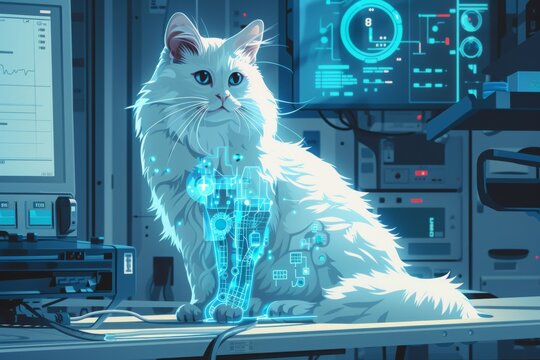 Illustrate a cybernetic ragdoll cat in a hospital setting representing the future of veterinary medicine
