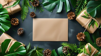 Blank Paper Mockup with Tropical Leaves Background, Generative ai