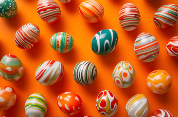 Fototapeta na wymiar Colorful Easter Eggs Adorned with Floral Patterns on a Vibrant Orange Background