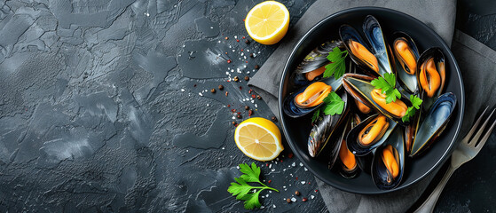 Cooked mussels with parsley and lemon on a black table. Seafood - obrazy, fototapety, plakaty