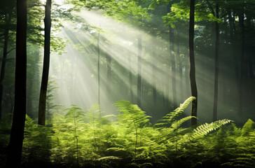 Majestic sunbeams illuminate a lush green forest with ferns and tall trees - obrazy, fototapety, plakaty