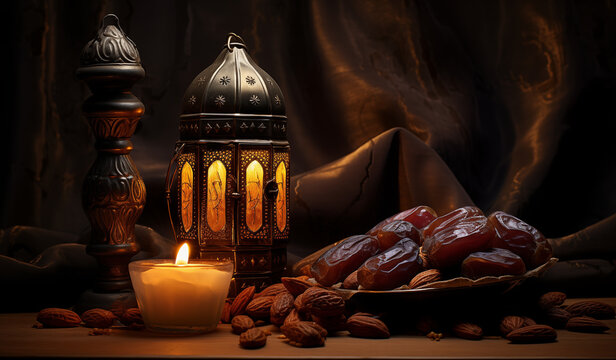Glowing in the dark Ramadan lamp and dates on the table