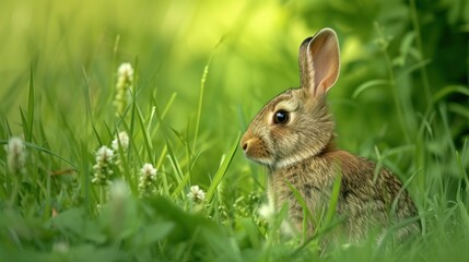 Fototapeta premium a small rabbit is sitting in a field of tall green grass and grass flowers are in the foreground and a blurry background is in the foreground.