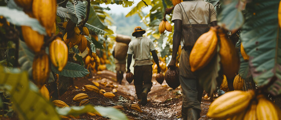 Cocoa Harvesting Explore a busy cocoa plantation where workers harvest cocoa pods and carry out agricultural processing. - obrazy, fototapety, plakaty