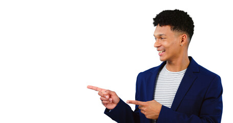 Presentation, smile and a business man pointing to information isolated on transparent png...