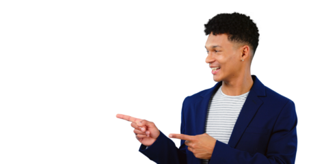 Presentation, smile and a business man pointing to information isolated on transparent png background. Hand, gesture or happy employee with announcement, offer or show choice of decision with fingers