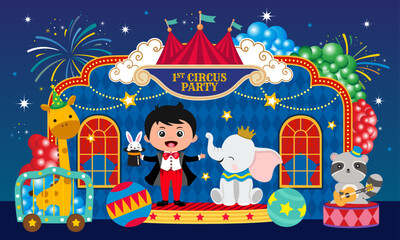 Circus theme illustration with a cute boy and animals on blue background