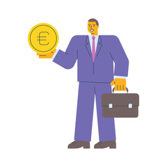 Businessman holding gold coin with euro sign holding suitcase