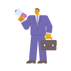 Obraz premium Businessman holding megaphone holding suitcase