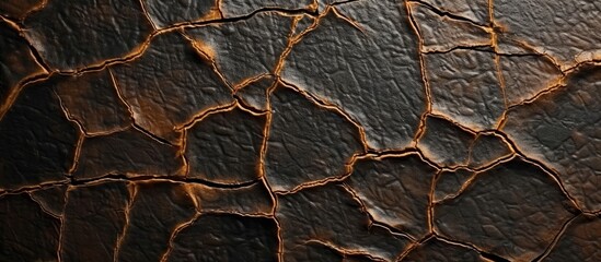 A detailed closeup shot showcasing the intricate pattern of cracked brown leather, resembling the...