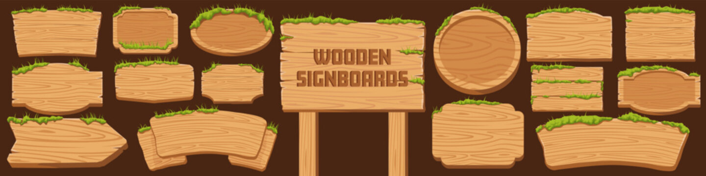 Wooden signboard icon set. Spring style.
