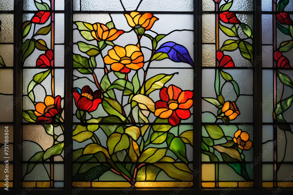 Aufkleber stained glass window background with colorful flower and leaf abstract