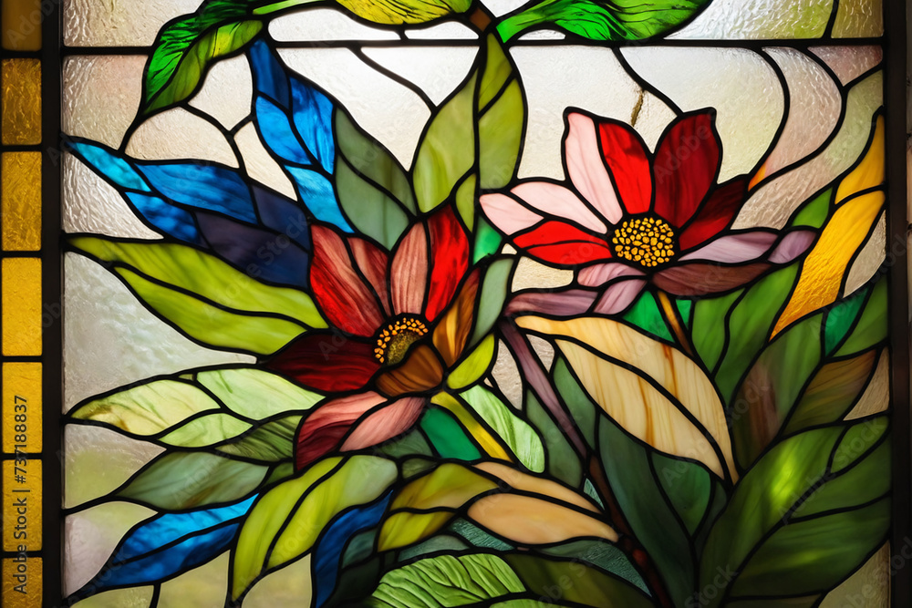 Aufkleber stained glass window background with colorful flower and leaf abstract