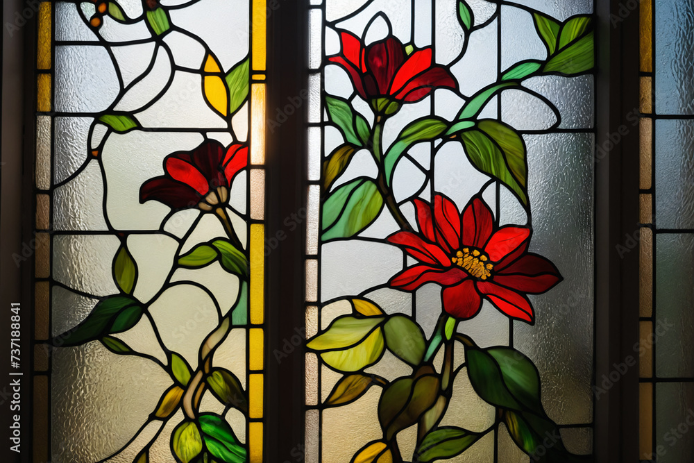 Aufkleber stained glass window background with colorful flower and leaf abstract