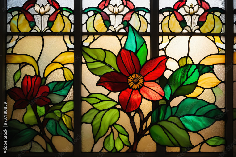 Aufkleber stained glass window background with colorful flower and leaf abstract