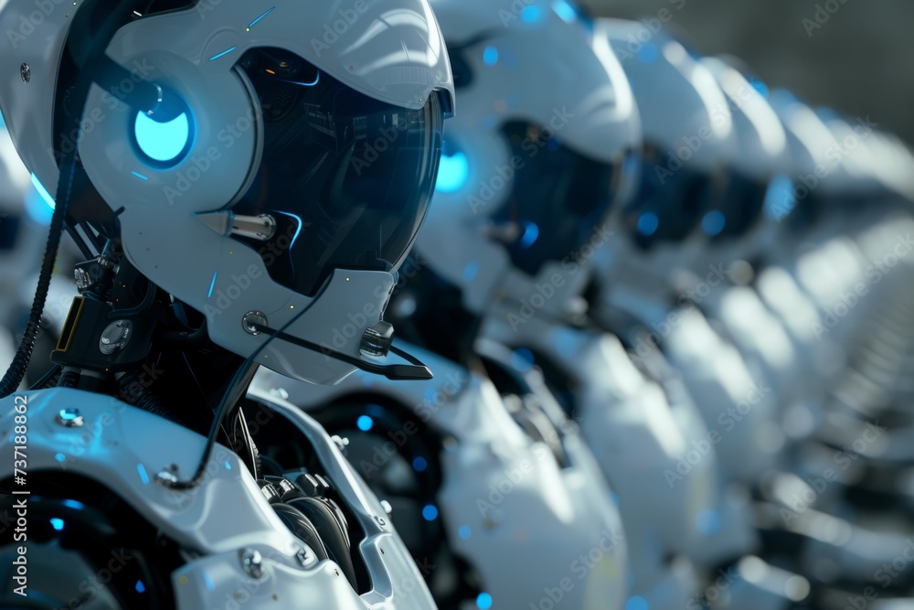 Poster futuristic image of robotic call center, with aipowered bots assisting customers