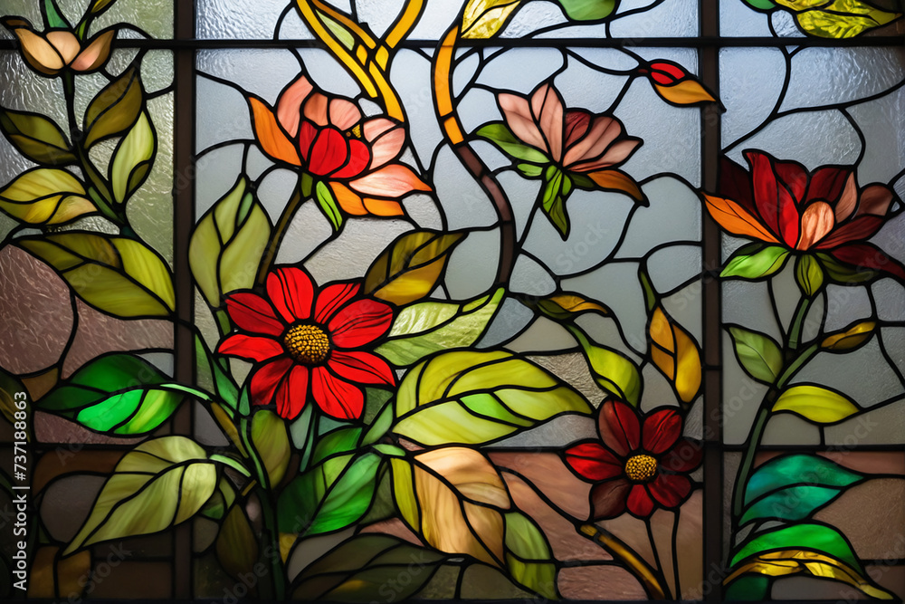 Aufkleber stained glass window background with colorful flower and leaf abstract