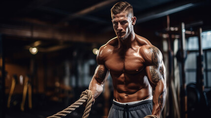 Fototapeta na wymiar muscular man work out with battle rope