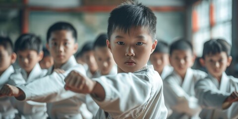Group Of Energetic Asian Children Practicing Taekwondo In Martial Arts Class