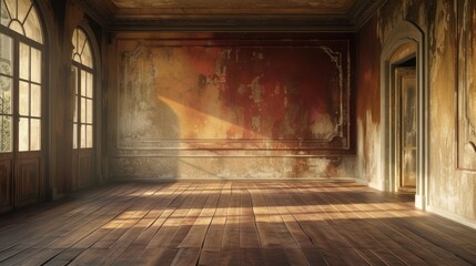 an empty room with a wooden floor and a large painting on the wall of the room and a door to the other side of the room.