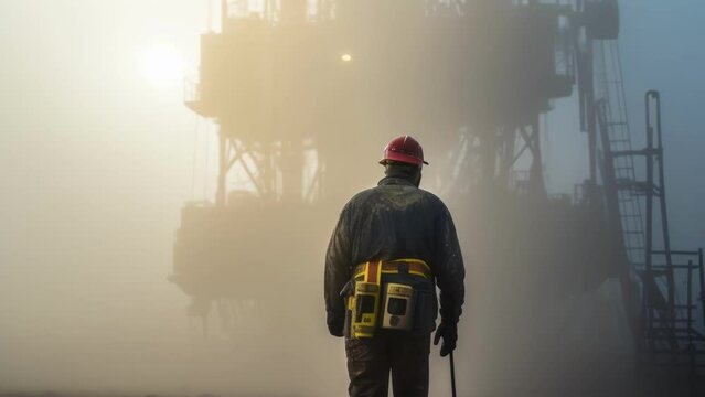 In this image a drilling worker stands in the center the fog and dust obscuring the harshness of the environment. The drill clutched firmly in their powerful grip and the resolute set of their