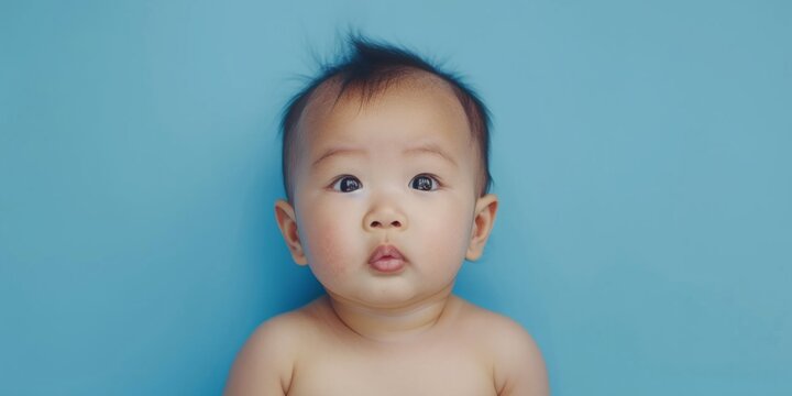 Cute Asian Baby Strikes Pose On Blue Background With Text Space