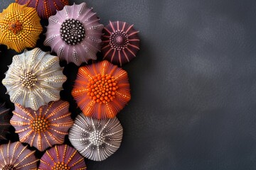 Obraz na płótnie Canvas Assortment Of Sea Urchins, Showcasing Their Unique Forms Against Black Backdrop
