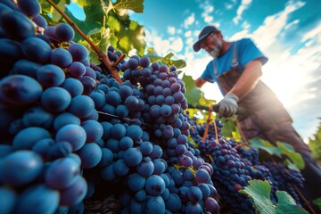 A farmer harvests organic purple grapes Freshly harvested grapes. Summer harvest Agriculture Seasonal job Farming Agro-industry Farming