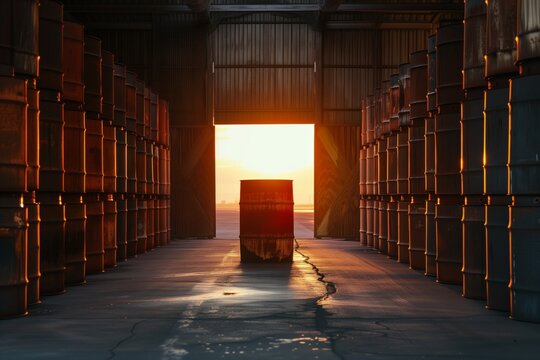 Barrels Of Radioactive Waste Safely Stored In Secure Facility At Sunset