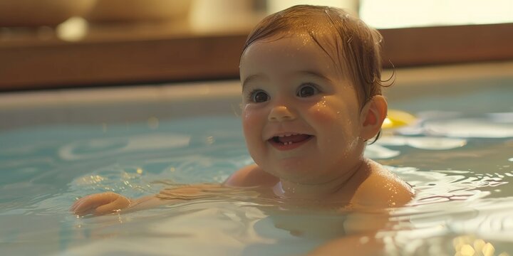 Joyful Infant Girl In Swimming Pool, Gaining Aquatic Skills With Instructor