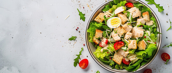 Caesar salad with chicken, egg croutons, Parmesan salad and dressing - obrazy, fototapety, plakaty