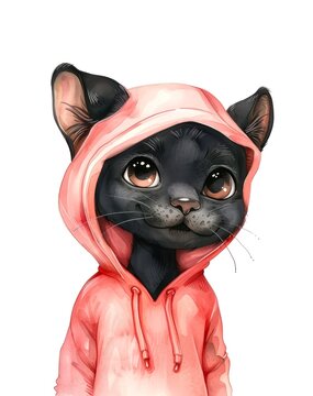 Watercolor illustration of a cute baby black panther wearing a pink hoodie on white background.