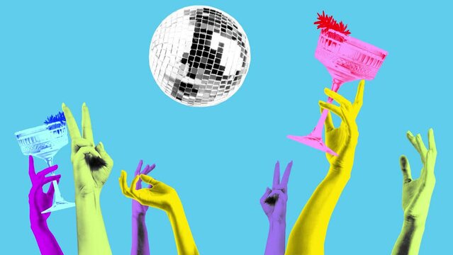 Modern animation. Stop motion. Raising hands holds cocktails and hitting disco ball against pastel retro background. Bright comics style design. Concept of disco, party, retro fashion, happy and fun.