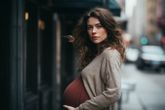 Generative ai picture of charming attractive happy woman pregnant girl isolated on cityscape background