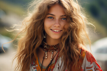 Naklejka premium Funny happy hippie best friends on festival concert retro party event nature Generative AI