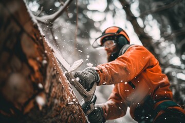 Construction Worker Using Chainsaw To Cut Trees Up Close For Support