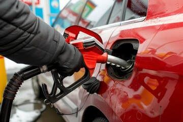 Driver Using Fuel Pump To Refill Cars Gasoline At Gas Station