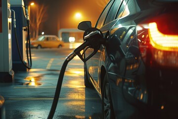 Driver Refilling Car's Gasoline Using A Fuel Pump At Gas Station - obrazy, fototapety, plakaty