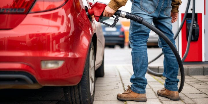 Driver Refuels Car With Fuel Pump At Gas Station, Filling Up Tank